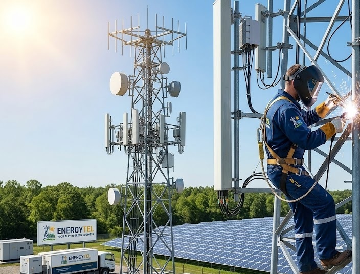 Soldador trabajando en altura sobre torre de telecomunicaciones